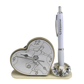 Portapenne in cristallo con Orologio in legno Calciatore con Penna Cresima 