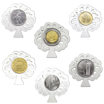Magnete Calamita Albero della Vita in Legno con Moneta Lira Lire Repubblica Italiana 1946-2001 Pre-euro Monete d'Epoca