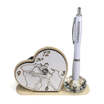 Portapenne in cristallo con Orologio in legno Mappamondo mondo con Penna Comunione
