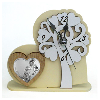 Orologio con Albero della Vita in rilievo legno Cuore Coppia Fedi Nuziali Nozze Matrimonio da Scrivania