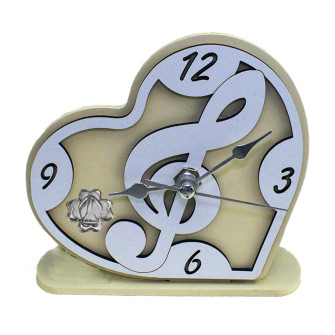 Orologio Cuore con con Chiave di Violino Sol in rilievo legno Quadrifoglio Santa Cresima da Scrivania