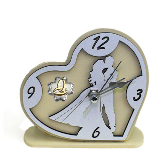Orologio Cuore con Coppia Sposi in rilievo legno Quadrifoglio Anniversario Nozze Matrimonio Fedi da Scrivania