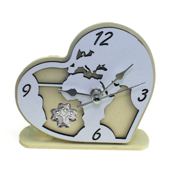 Orologio Cuore con Mappamondo Mondo in rilievo legno Quadrifoglio Albero della Vita da Scrivania