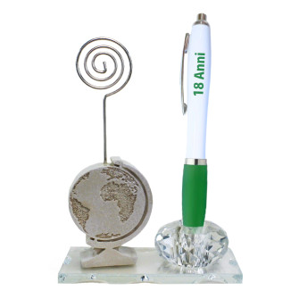 Portafoto Memo Clip in vetro PortaPenne in Cristallo Mappamondo Mondo Viaggi Travel Festa 18 Anni Compleanno Penna 