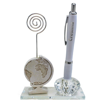 Portafoto Memo Clip in vetro PortaPenne in Cristallo Mappamondo Mondo Viaggi Travel Sacra Cresima Penna 