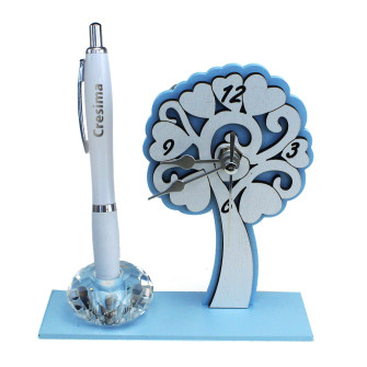 Portapenne Azzurro in cristallo con Orologio in legno Albero della Vita con Penna per Cresima