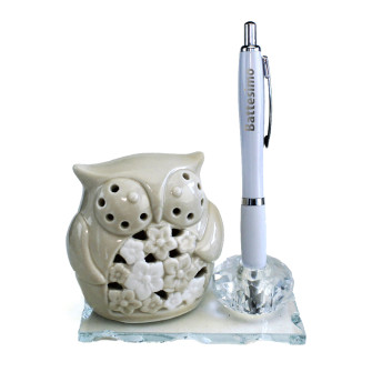 PortaPenne in Cristallo con Gufo in Porcellana Penna Battesimo