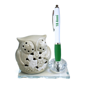 PortaPenne in Cristallo con Gufo in Porcellana Penna Festa 18 Anni Compleanno