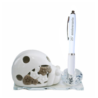 PortaPenne in Cristallo con Lumaca Chiocciola in Porcellana Penna 25 Anniversario Nozze Matrimonio Venticinquesimo