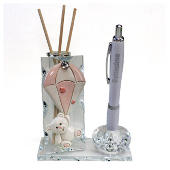 PortaPenne in Cristallo con Orso Orsetto Orsacchiotto Paracadute con Stelline e Punto Luce Strass Battesimo Penna Scrivania