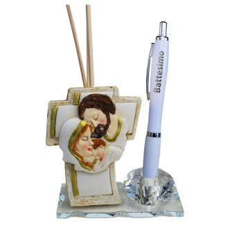 Portapenne in Cristallo Profumatore Crocifisso Gold Sacra Famiglia con Penna Battesimo