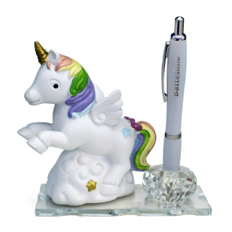 PortaPenne in Cristallo Unicorno Arcobaleno Nuvola in Resina Battesimo Penna Scrivania
