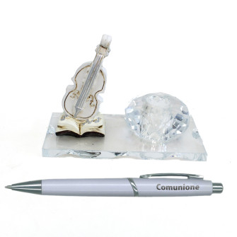 PortaPenne in Vetro e Cristallo Musica Violino Chitarra Elettrica Basso Prima Comunione Penna Scrivania 