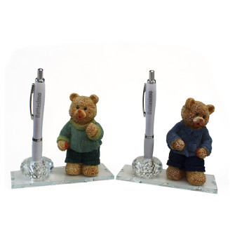 PortaPenne in Vetro e Cristallo Orso Orsetto Maschietto con Maglioncino Nascita Battesimo Penna Scrivania Diffusore