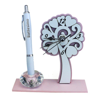Portapenne Rosa in cristallo con Orologio in legno Albero della Vita con Penna per Battesimo