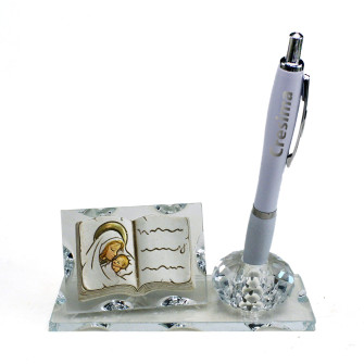 PortaPenne in Cristallo con Icona Libro Madonna con Bambino Santa Cresima Penna 