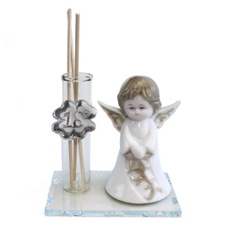 Profumatore in vetro con Angelo Angioletto Puttino in Porcellana Cuore Stella Quadrifoglio Festa 18 Anni Diciottesimo Compleanno Diffusore Profumo Ambienti