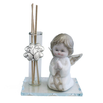 Profumatore in vetro con Angelo Angioletto Puttino in Porcellana Quadrifoglio e Albero della Vita Nozze Battesimo Comunione Diffusore Profumo Ambienti