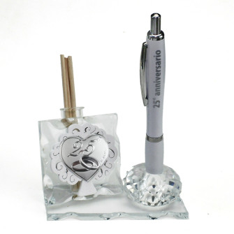 Profumatore PortaPenne in Cristallo Albero della Vita Cuore Coppia Fedi 25 Anniversario Nozze Matrimonio Penna Diffusore Profumo