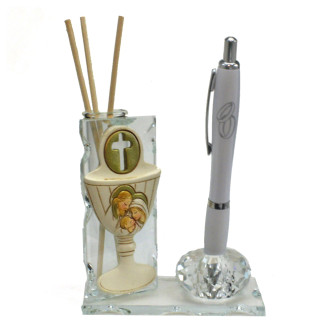 Profumatore PortaPenne in Cristallo Calice Crocifisso e Sacra Famiglia Coppia Fedi Nozze Matrimonio Penna Diffusore Profumo