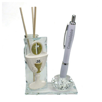 Profumatore PortaPenne in Cristallo Calice Prima Comunione Crocifisso Vite Penna Diffusore Profumo
