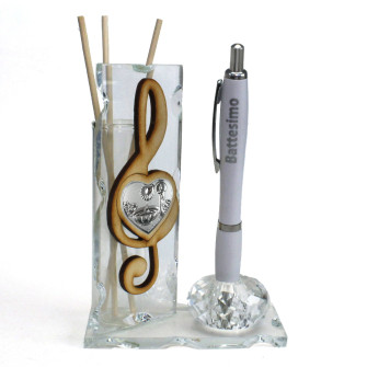 Profumatore PortaPenne in Cristallo Cuore Chiave di Sol Violino Battesimo Fonte Battesimale Penna Diffusore Profumo