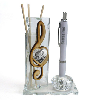 Profumatore PortaPenne in Cristallo Cuore Chiave di Sol Violino Madonna e Bambino per Battesimo Penna Diffusore Profumo