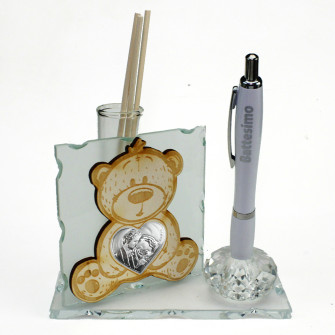 Profumatore PortaPenne in Cristallo Orso Orsetto in Legno con Cuore Sacra Famiglia per Battesimo Penna Diffusore Profumo
