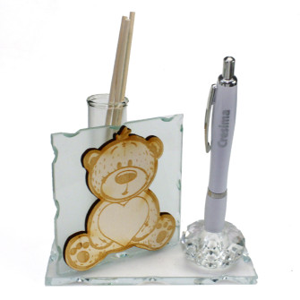 Profumatore PortaPenne in Cristallo Orso Orsetto in Legno con Cuore Santa Cresima Penna Diffusore Profumo