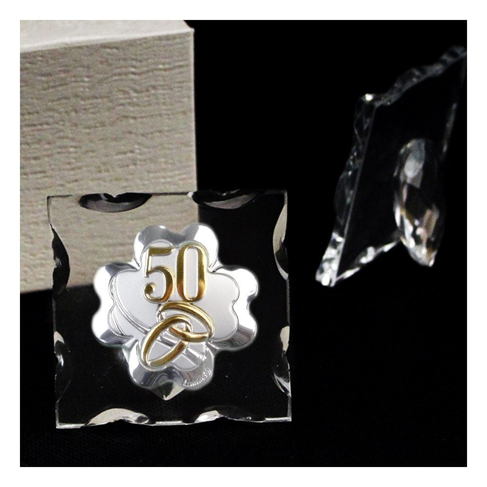 DLM - Icona in Vetro Quadretto con Quadrifoglio Coppia Fedi 50 Anniversario  Nozze D'oro Cinquantesimo
