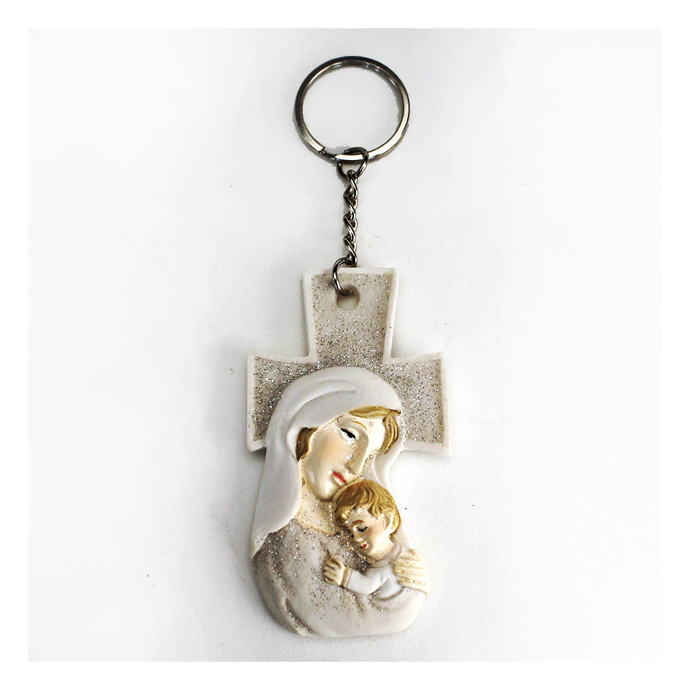 DLM - Portachiavi Ciondolo Croce Crocifisso Madonna con Bambino in resina  Nozze Battesimo Comunione