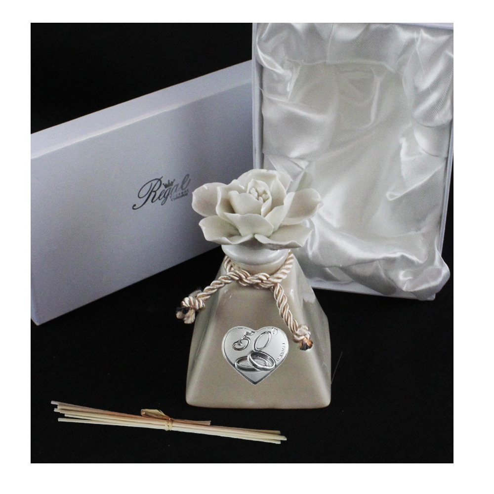 Profumatore Per Ambienti In Vetro Fiore E Cuore - 150ml, Bomboniera Matrimonio 50° Anniversario, Made In Italy