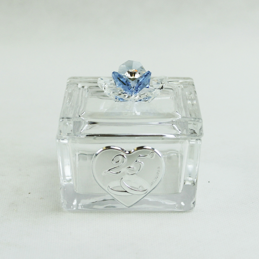 DLM - Scatolina Portagioie in vetro Portaconfetti con fiore in cristallo 25  Anniversario Nozze_Azzurro - Italiano
